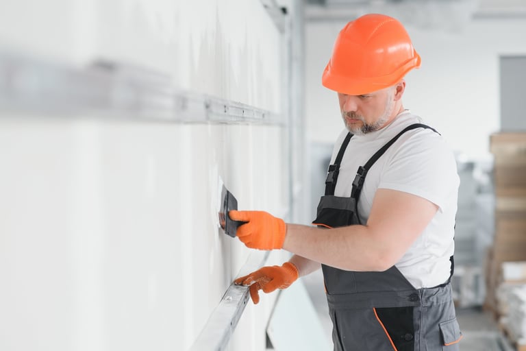 man drywall worker or plasterer putting mesh tape for plasterboard on a wall using a spatula and plaster. Wearing white hardhat, work gloves and safety glasses.