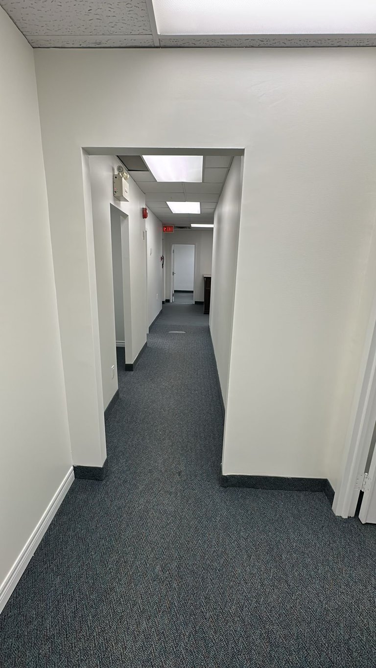 Long narrow office hallway with white walls, gray carpet, recessed ceiling lights, and exit signs visible in the distance