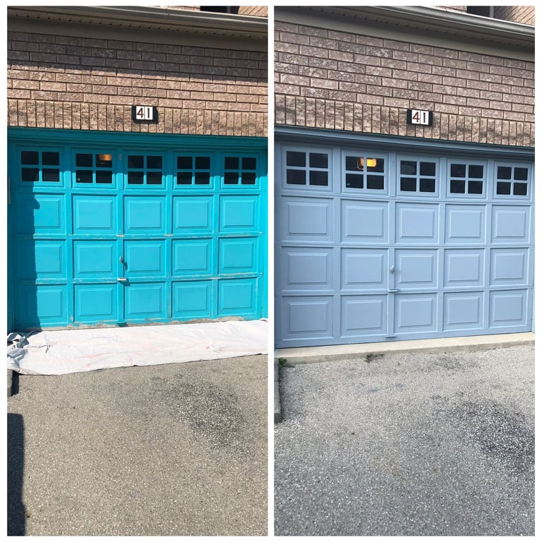 Side-by-side comparison of garage doors painted turquoise (left) and gray (right) on brick buildings.