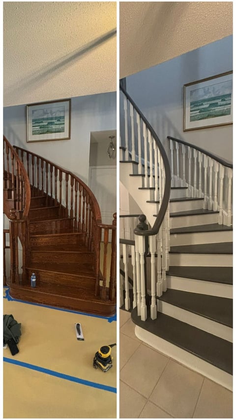 Before and after comparison of staircase renovation showing wooden curved staircase transformed to modern black and white straight staircase with landing