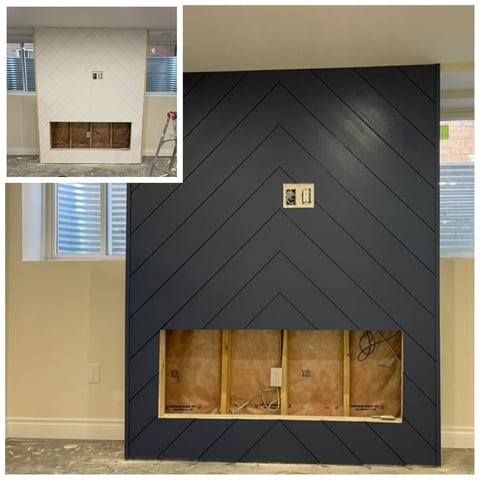 Fireplace renovation stages showing before and after with black diagonal shiplap accent wall and wooden framed opening