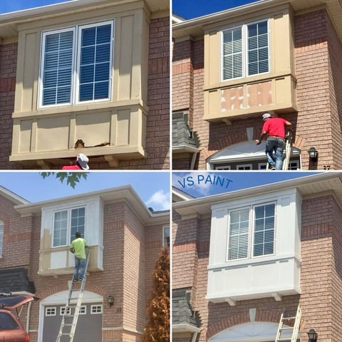 Four-panel collage showing step-by-step process of painting exterior window trim on brick house from beige to white